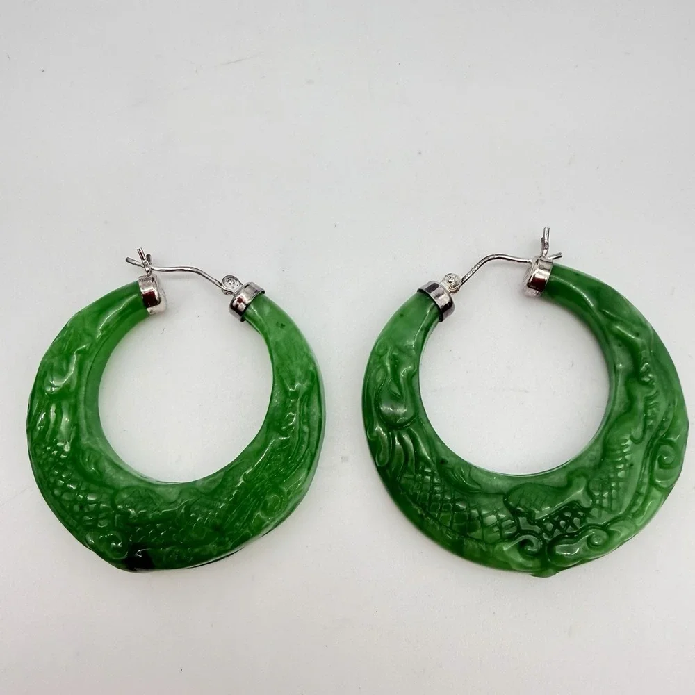 Vtg Sterling Silver Carved Jade Hoop Earrings Dragon Fish Signed Djoy Read